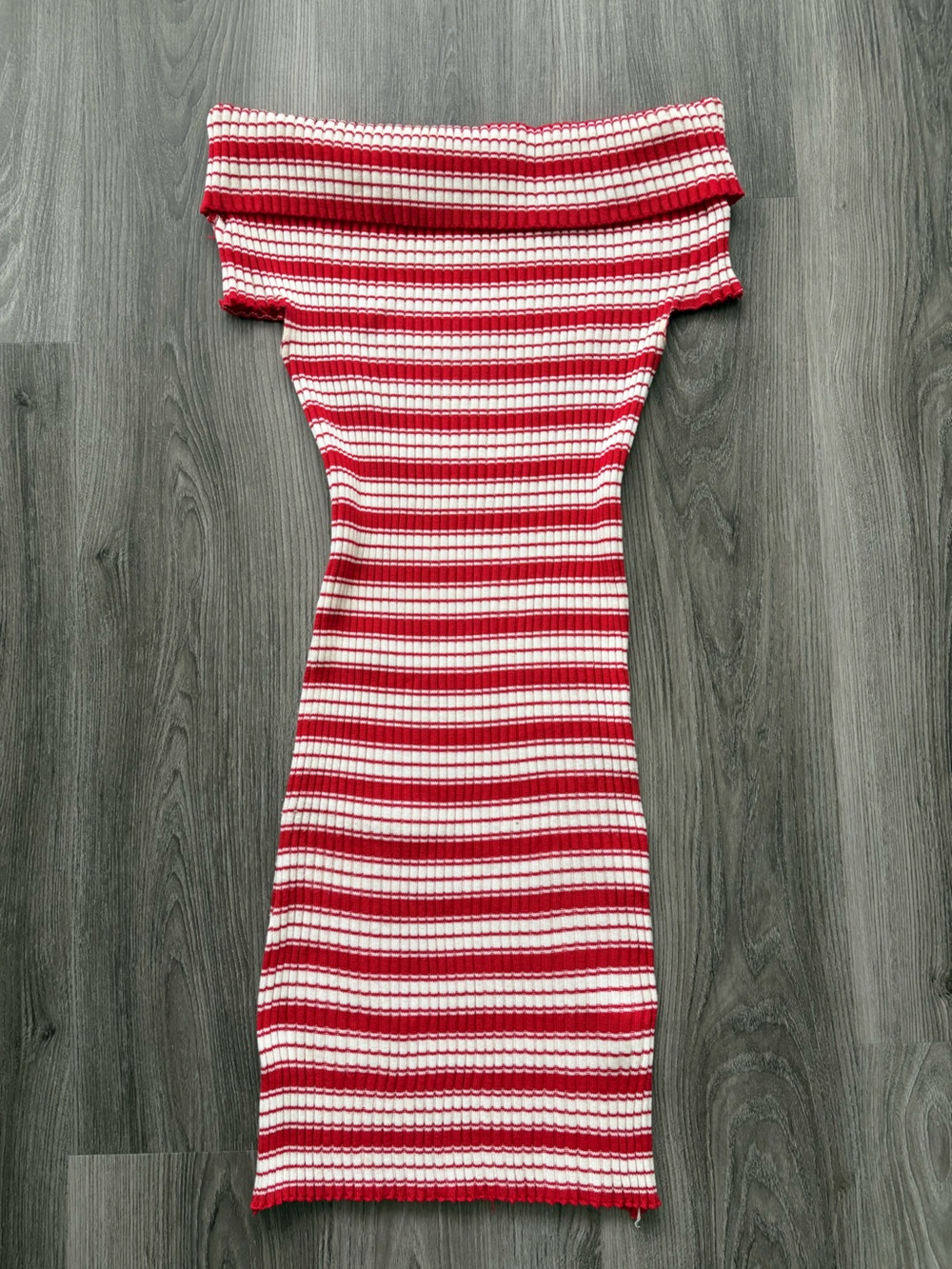 L.A Girl Off the Shoulder Red & White Ribbed Stripe Knit Dress